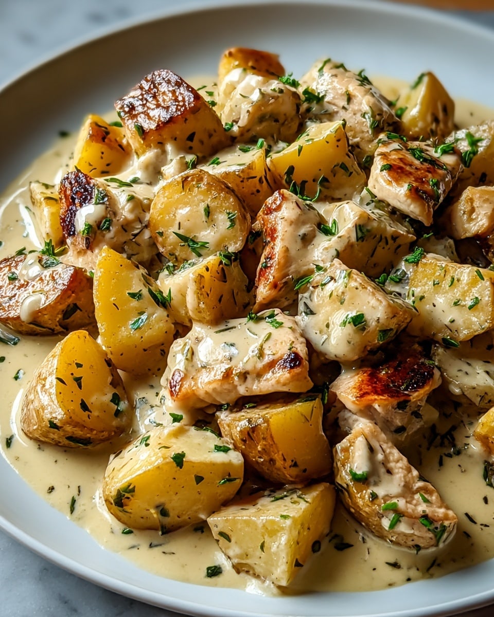A close-up of a white plate filled with a creamy chicken and potato dish, featuring about two layers of browned, bite-sized chicken pieces and halved golden-yellow potatoes mixed in a thick, light beige cream sauce speckled with herbs; fresh green parsley leaves are scattered on top, adding a touch of color and freshness against the warm tones of the chicken and potatoes, all set on a white marbled textured surface. photo taken with an iphone --ar 4:5 --v 7