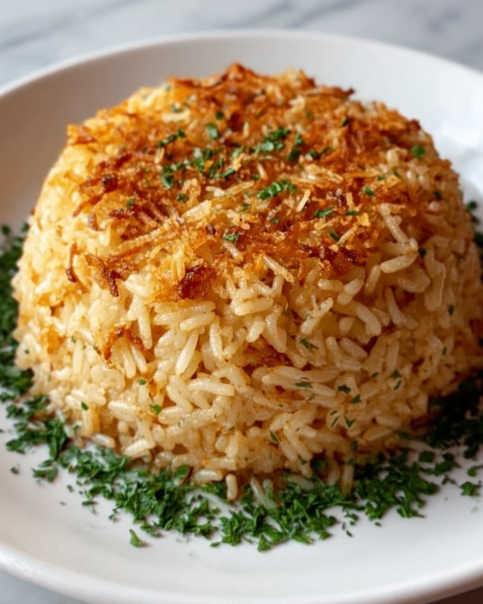 A dome-shaped mound of fried rice sits neatly on a white plate, showcasing a mix of pale yellow and light brown grains with some slightly crispy bits on top. The rice looks fluffy but slightly crunchy where it is browned, and tiny green herb pieces are scattered over the top and around the base of the mound, adding a fresh pop of color. The plate rests on a white marbled surface. photo taken with an iphone --ar 4:5 --v 7