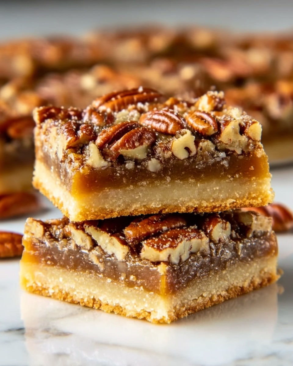 The image shows two square pecan bars stacked on top of each other, with the top bar slightly tilted to reveal layers. The bottom layer is a light golden, crumbly crust, topped by a thick, sticky caramel layer that looks smooth and shiny. On top, there is a dense layer of whole and chopped pecans, which are a rich brown color with a shiny glaze. The bars rest on a white marbled surface, with more pecan bars blurred in the background. Photo taken with an iphone --ar 4:5 --v 7