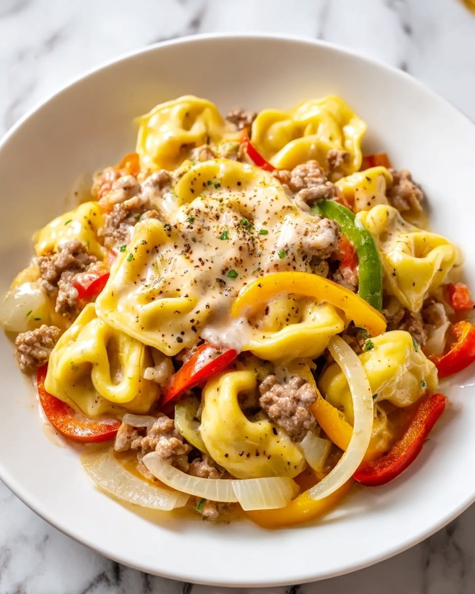 A white plate holds a creamy pasta dish with about three layers visible: the top layer is a thick cream sauce with specks of black pepper, melting over yellow tortellini pasta folded into small round shapes, underneath there are cooked ground meat chunks in a brownish color, and mixed with slices of soft, translucent white onions and thin strips of bell peppers in red, yellow, and green colors, all sitting on a white marbled surface. photo taken with an iphone --ar 4:5 --v 7