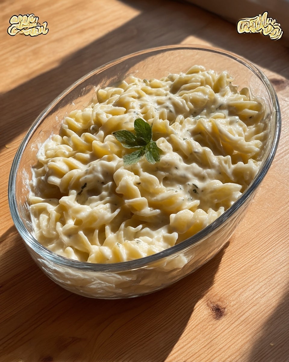 A clear glass oval bowl filled with creamy cooked fusilli pasta, the pasta twisted and coated thickly with a smooth, white sauce that looks cheesy and slightly speckled with herbs. On top of the pasta in the middle, there is a small green leaf garnish for color contrast. The bowl is placed on a wooden surface with natural light highlighting the soft texture of the sauce and pasta shapes. The scene looks simple and fresh. photo taken with an iphone --ar 4:5 --v 7