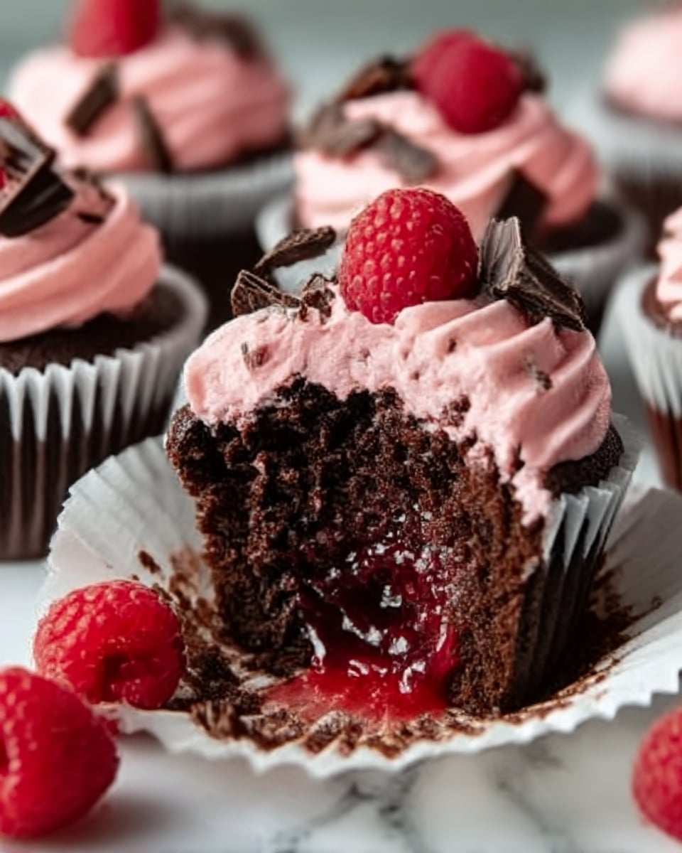 A close-up of a group of chocolate cupcakes with one cupcake in front having a bite taken out, showing a red jelly-like filling inside. Each cupcake has one layer of dark brown chocolate cake at the bottom, topped with a thick layer of pink frosting with a smooth, whipped texture. On top of the frosting, there are pieces of dark chocolate shavings and one red raspberry sitting in the center. There are extra raspberries placed on the white marbled surface around the cupcakes. The cupcakes are in white paper liners. Photo taken with an iphone --ar 4:5 --v 7