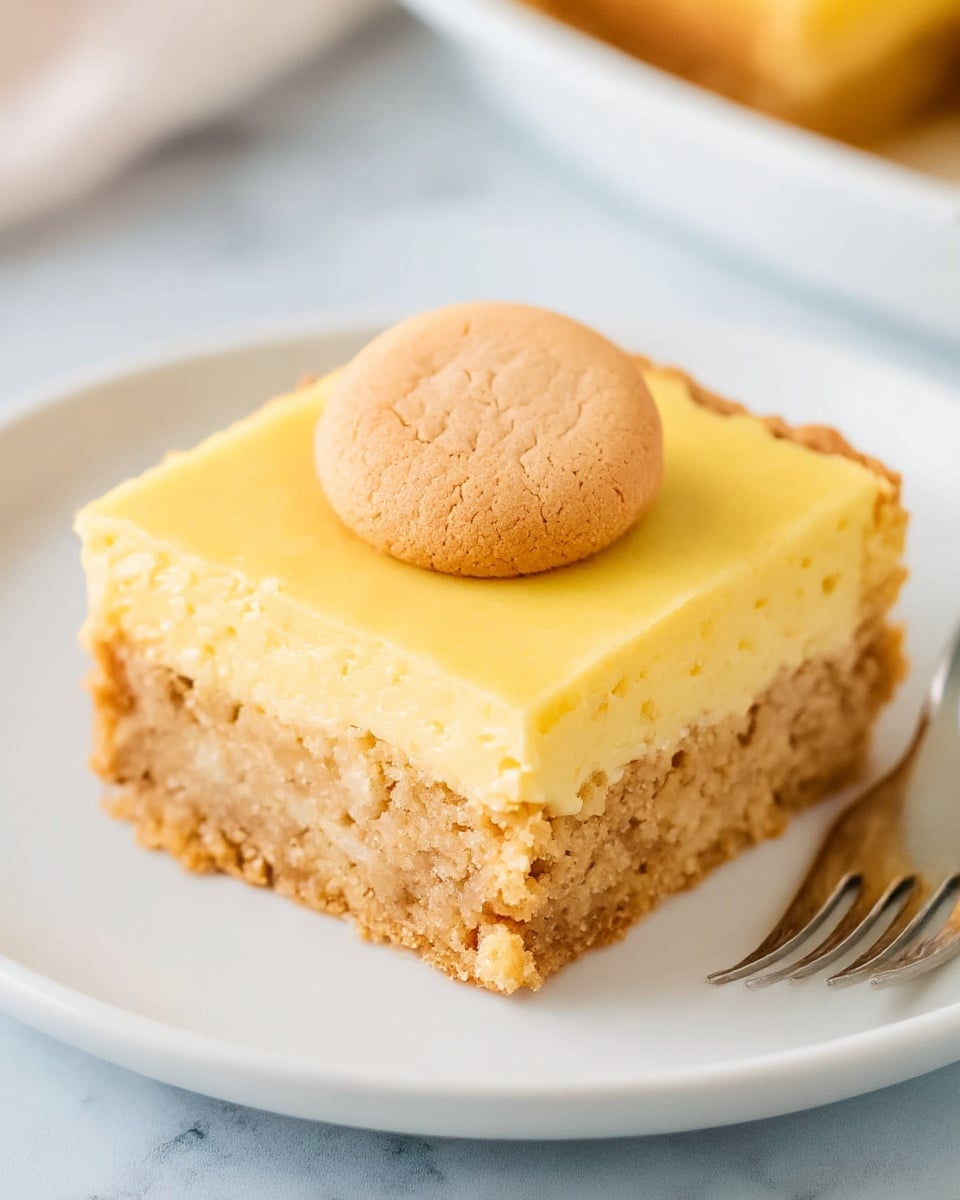 A square dessert bar with two layers sits on a white plate over a white marbled surface. The bottom layer is thick, crumbly, and light brown with a rough texture, suggesting a dense cookie or oat base. The top layer is smooth, bright yellow, and creamy, evenly spread and slightly thicker than the bottom. Centered on top is a round, light brown cookie with a soft, slightly cracked surface. A metal fork is partially visible on the plate's edge. Photo taken with an iphone --ar 4:5 --v 7