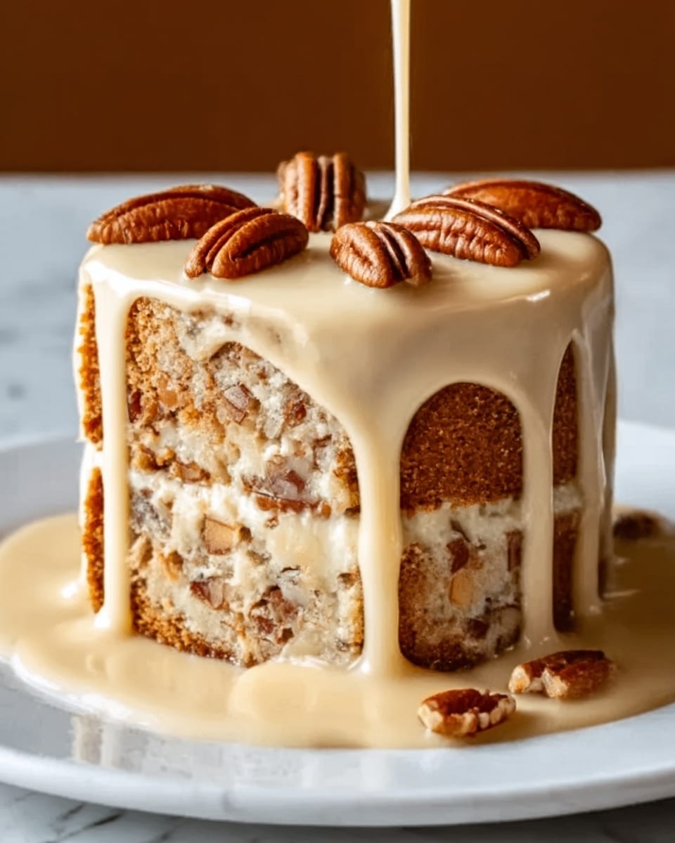 The image shows a tall, round cake with three visible layers. Each layer is filled with pieces of nuts and cake chunks, with a light brown creamy sauce dripping down the sides. The top layer is fully covered with a thick, smooth glaze of the same sauce, and several whole pecans are placed neatly on top. The cake sits on a white plate, which contrasts with the white marbled background. The creamy sauce looks glossy and rich, making the cake appear moist and delicious. Photo taken with an iphone --ar 4:5 --v 7