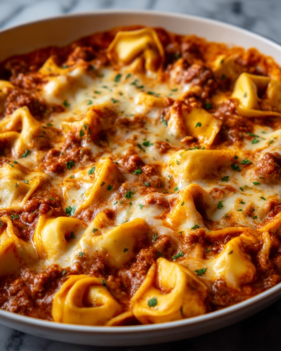 A close-up of a round white dish filled with cooked tortellini covered in a thick reddish-brown meat sauce mixed with melted cheese. The tortellini pieces are plump and slightly shiny, layered evenly throughout the dish, with specks of green herbs sprinkled on top. The texture shows gooey cheese melting into the sauce and some crispy browned bits on the surface. The background is a white marbled texture, making the warm colors of the food stand out. Photo taken with an iphone --ar 4:5 --v 7
