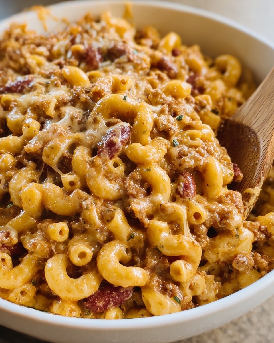 A close-up view of a creamy macaroni pasta dish served in a white bowl filled with elbow macaroni, browned ground meat, kidney beans, and melted cheese that coats the pasta in a rich, slightly glossy texture. Bits of herbs are sprinkled on top, adding small green accents to the mostly golden and reddish-brown colors. A wooden spoon is partially visible on the right side, resting inside the bowl, mixing the hearty layers together. The dish looks warm, cheesy, and savory, with each elbow macaroni distinctly covered in a thick sauce. Photo taken with an iphone --ar 4:5 --v 7