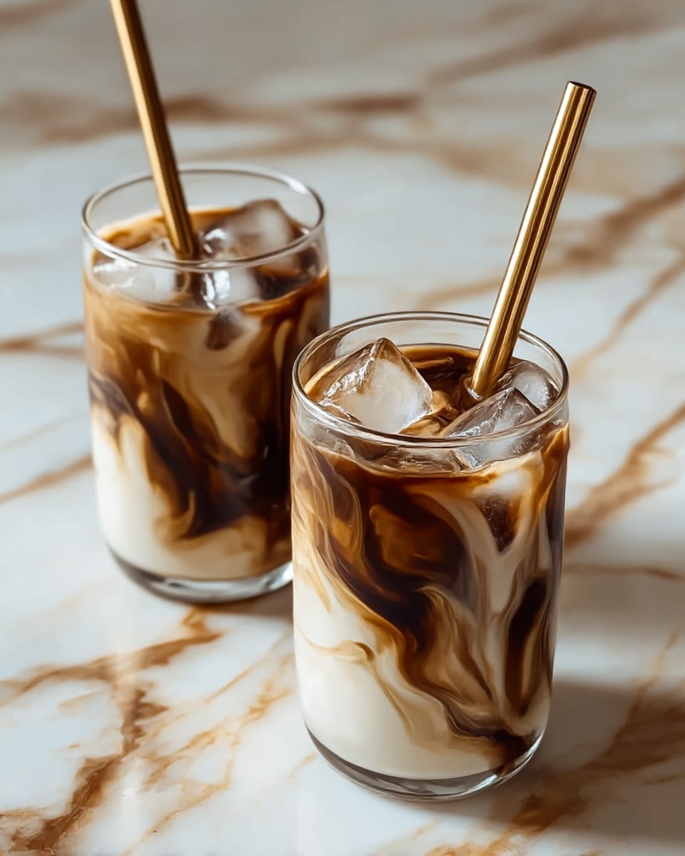 Two clear glasses filled with a creamy white liquid base with thick dark brown coffee swirls inside, creating a marbled effect that covers most of each glass. Each glass contains several ice cubes floating on top, catching the light and adding texture. Both glasses have shiny gold metal straws standing upright amongst the liquid and ice. The glasses are placed on a white marbled surface with brown veining, enhancing the overall warm and inviting look of the drinks. Photo taken with an iphone --ar 4:5 --v 7