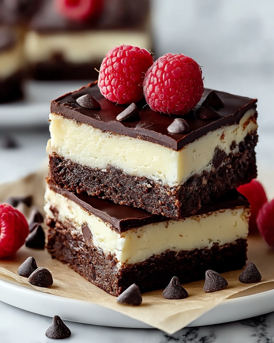 The image shows two square dessert bars stacked on a white plate with parchment paper. Each bar has three layers: the bottom layer is a dense, dark brown chocolate brownie, the middle layer is thick and creamy light yellow cheesecake, and the top layer is a glossy dark chocolate ganache with a few chocolate chips embedded. On the top bar, two fresh red raspberries sit close together in the center. Surrounding the bars on the parchment paper are scattered dark chocolate chips and a couple of loose raspberries. The background features a white marbled texture. photo taken with an iphone --ar 4:5 --v 7