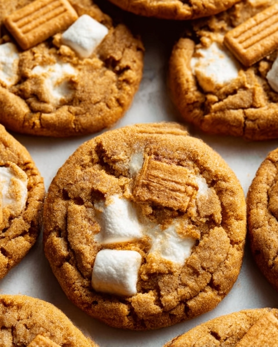 The image shows a close-up view of several cookies on a white marbled surface, each cookie having a soft, golden-brown texture with visible small cracks. Each cookie has embedded white marshmallows near the surface and a small rectangular biscuit piece pressed into the top center. The cookies appear thick and chewy, with a slightly rough surface. The light highlights the gooey, melted marshmallow and the crisp edges of the cookies. photo taken with an iphone --ar 4:5 --v 7