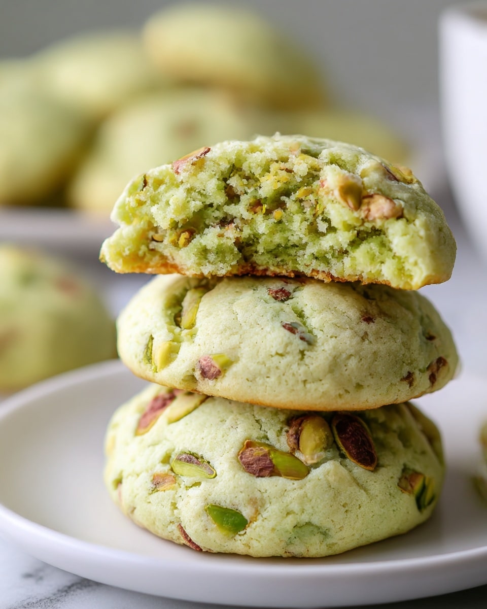 A close-up image of three soft, round cookies stacked on a white plate placed on a white marbled surface. The bottom two cookies are light green with a slightly crumbly and puffy texture, studded with small pieces of green and brown pistachio nuts. The top cookie is broken in half and stacked with the broken side facing forward, showing a dense, slightly moist, and crumbly green inside with pistachio pieces embedded throughout. More cookies are blurred in the background. Photo taken with an iphone --ar 4:5 --v 7
