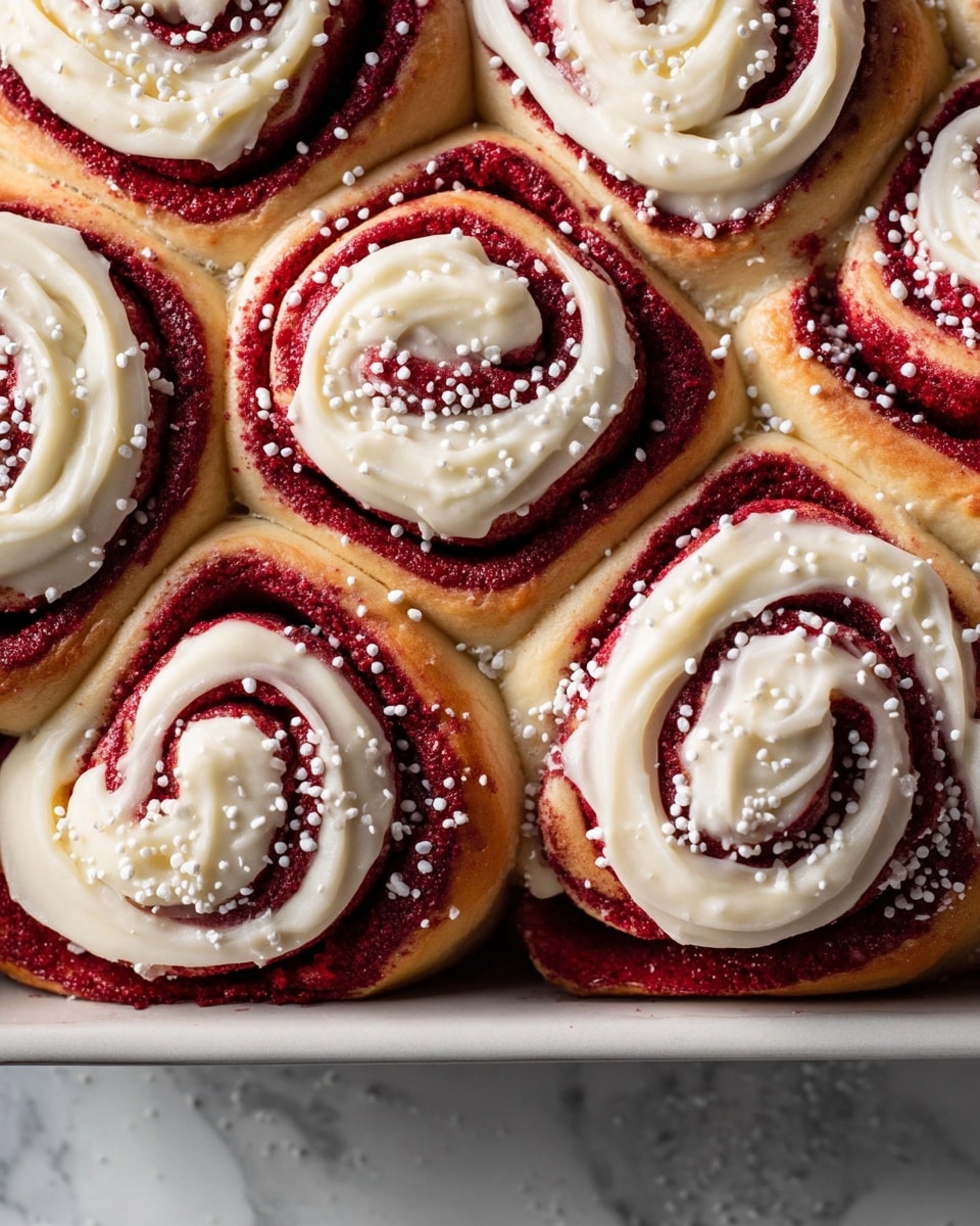 A close-up view of nine red velvet cinnamon rolls arranged tightly in a white baking tray, each roll showing about three visible layers of soft golden-brown dough spiraled with deep red filling. The top of each roll is generously swirled with creamy white icing, and they are sprinkled with small white sugar crystals, adding texture and sparkle. The whole scene is set on a white marbled surface, highlighting the rich colors and inviting soft textures of the rolls. Photo taken with an iphone --ar 4:5 --v 7