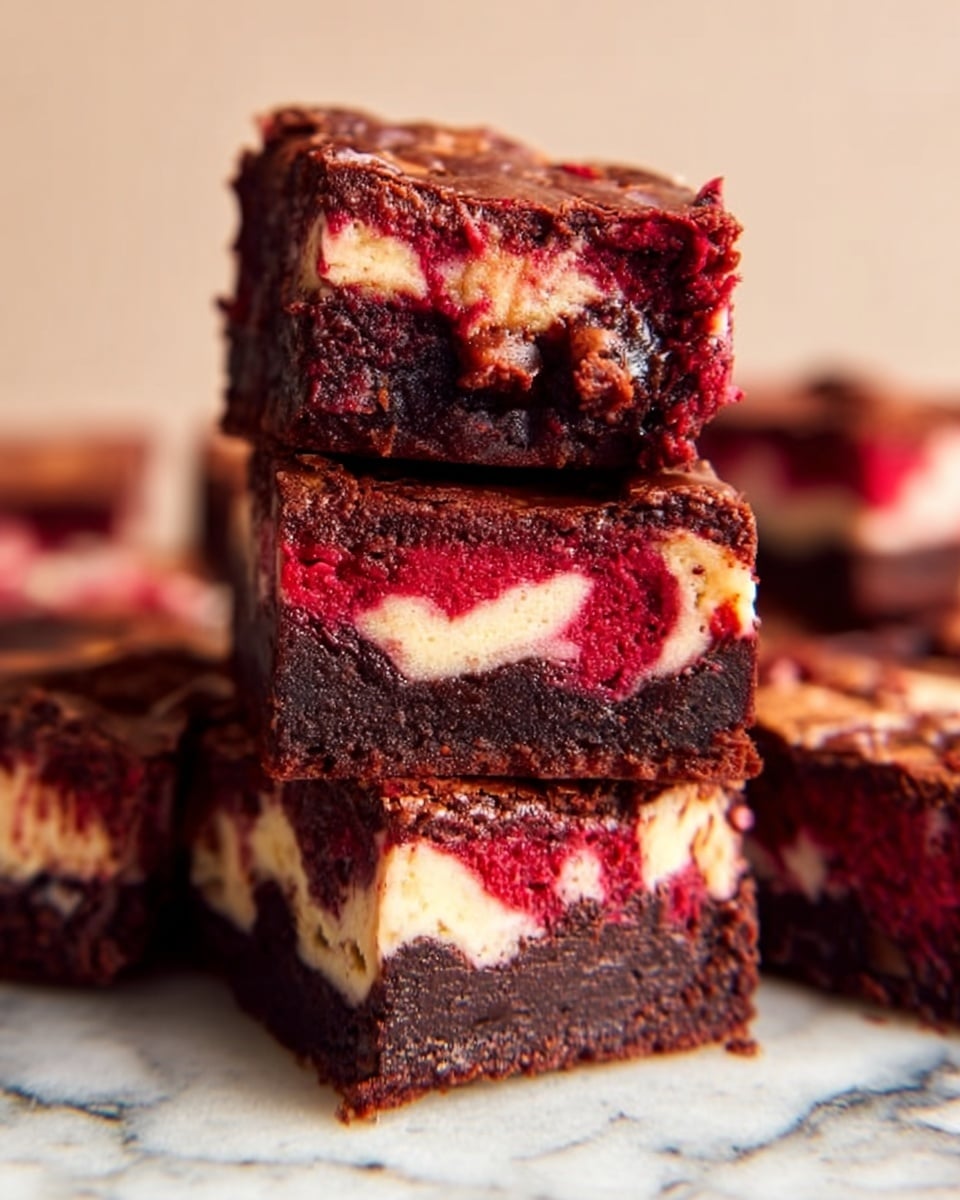 The image shows a stack of four rich brownies on a white marbled surface. Each brownie has three visible layers: the top layer is a dark, glossy chocolate with a slightly rough texture, the middle layer is creamy and white with swirls of deep red, and the bottom layer is dense, fudgy chocolate. The brownies have slightly uneven and soft edges, with some red swirls visible on the sides. The background is softly blurred, keeping the focus on the stack of brownies in warm, natural light. photo taken with an iphone --ar 4:5 --v 7