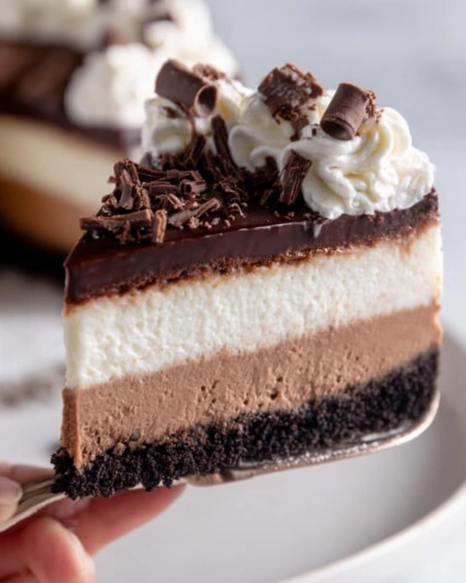 The image shows a close-up slice of a layered chocolate cheesecake on a white plate, resting on a white marbled surface. The cheesecake has three main layers: a dark brown crumbly base made of crushed cookies, a middle light brown creamy chocolate layer, and a top off-white cream cheese layer. The top layer is covered with a smooth, shiny dark chocolate ganache and decorated with small swirls of whipped cream topped with small chocolate curls. A woman's hand using a metal cake server is lifting the slice, focusing on the texture and layers of the cheesecake. Photo taken with an iphone --ar 4:5 --v 7