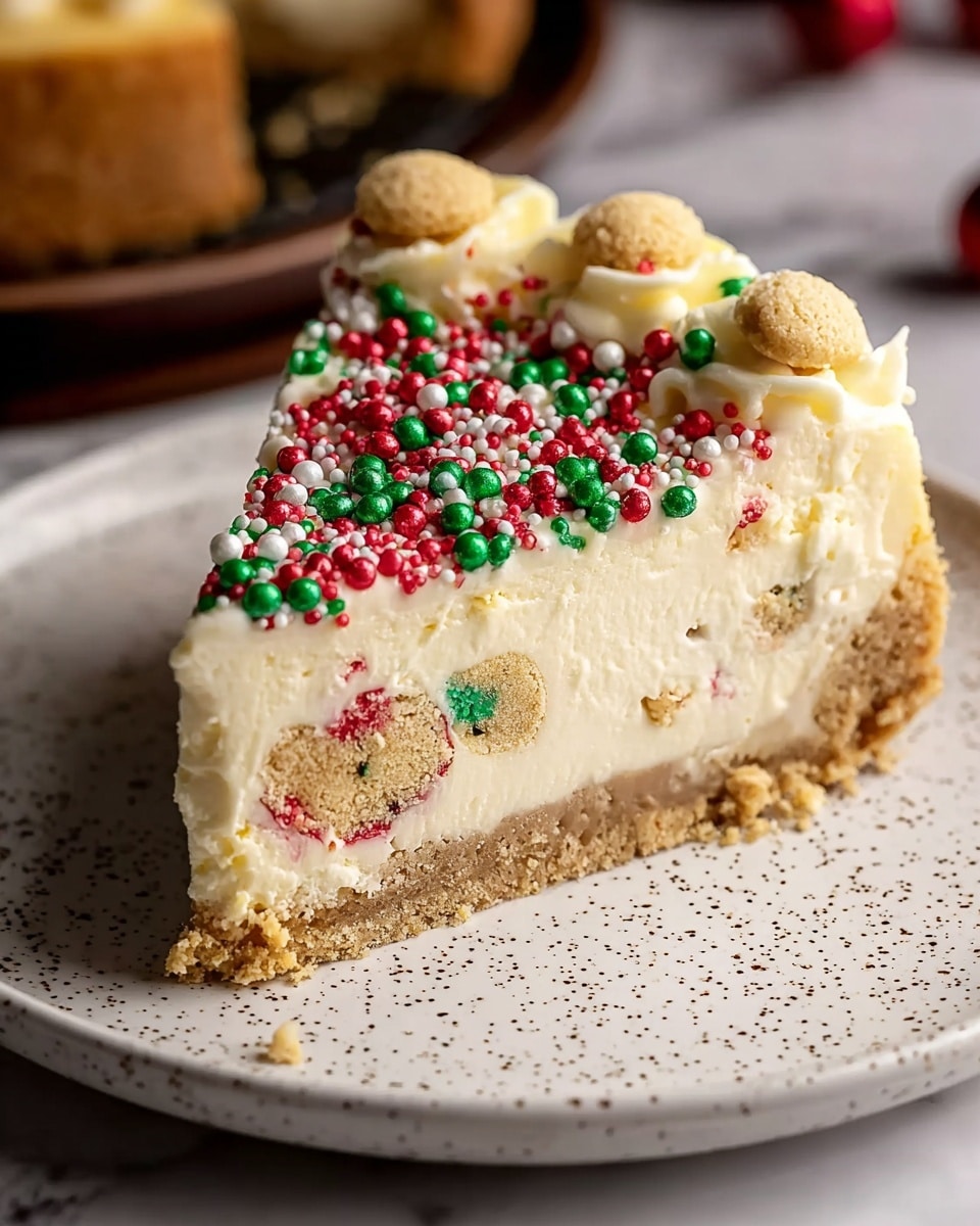 A single slice of cheesecake is shown on a white speckled plate on a white marbled surface. The cheesecake has three visible layers: a light brown crumbly crust at the base, a thick creamy white middle layer with tiny red and green specks and embedded small round cookie dough pieces, and a creamy pale yellow top layer covered with red, green, and white round sprinkles. The cake slice looks soft and rich with a textured crust and colorful festive toppings. Photo taken with an iphone --ar 4:5 --v 7