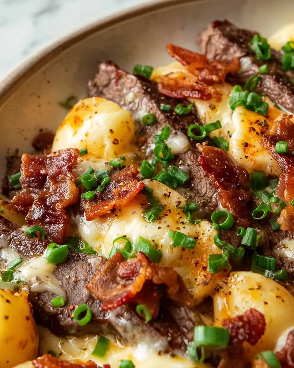The dish shows several thick slices of cooked steak with a brown, slightly charred surface, layered with melted cheese that is light yellow and creamy, stretched over soft boiled potatoes that are pale yellow with some pepper sprinkled on top. Crispy pieces of reddish-brown bacon are scattered across the dish, and small, bright green chopped scallions are spread over everything, adding a fresh contrast. The close-up image is set on a white marbled surface. photo taken with an iphone --ar 4:5 --v 7