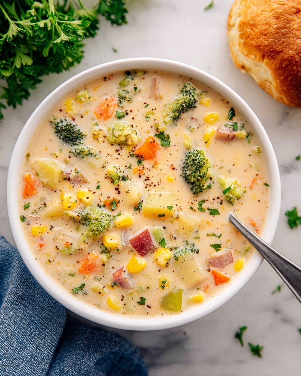 A white bowl filled with creamy soup that has many colorful vegetables and small pieces of potato visible throughout. The soup base is light beige with a smooth, thick texture, speckled with black pepper and herbs. Bright green broccoli florets, small red potato chunks, diced orange carrots, yellow corn kernels, and pale celery pieces are scattered evenly inside the soup. A silver spoon rests inside the bowl on the right side, partially submerged in the soup. In the top right corner, part of a golden brown bread roll is visible on the white marbled surface, with a bunch of fresh green parsley in the top left. A folded blue cloth is placed below the bowl on the same white marbled surface. photo taken with an iphone --ar 4:5 --v 7