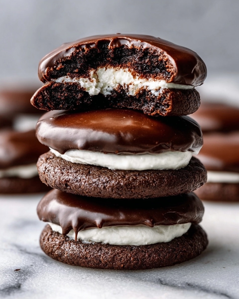 The image shows a stack of four chocolate cookies on a white marbled surface. The bottom three cookies are covered in smooth dark chocolate with a shiny texture on their tops. The top cookie is broken in half, revealing a soft, white marshmallow filling inside which contrasts with the dark brown cookie. The cookies have a dense, slightly crumbly texture with a rich, dark color. The whole scene is softly lit, showing the gloss on the chocolate and the fluffiness of the marshmallow. photo taken with an iphone --ar 4:5 --v 7