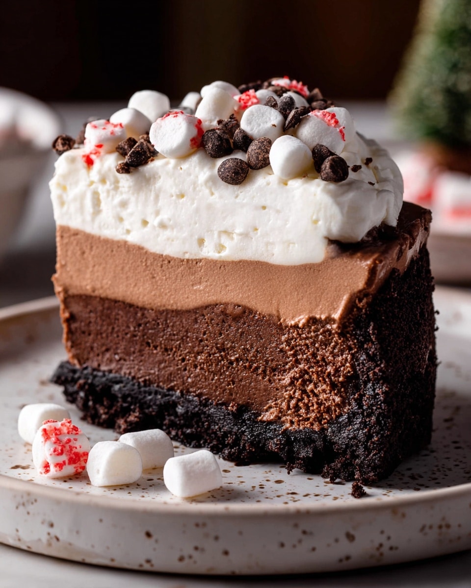 A slice of three-layer chocolate mousse cake sits on a white plate with a speckled pattern, placed on a white marbled surface. The bottom layer is a dark, crumbly chocolate crust, topped with a thick, dense chocolate mousse layer showing a smooth yet slightly textured surface. Above this is a lighter, creamy chocolate mousse layer, finishing with a thick, smooth layer of white whipped cream on top. The whipped cream is decorated with small white marshmallows, dark chocolate chips, and tiny pieces of red and white candy. Scattered mini marshmallows and pieces of candy lie around the plate. photo taken with an iphone --ar 4:5 --v 7