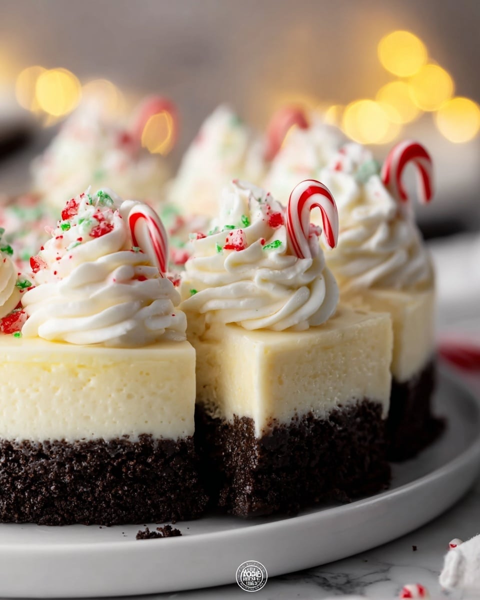 A close-up view of a dessert with two main layers on a white plate. The bottom layer is dark brown and crumbly, resembling a chocolate cookie crust. The top layer is thick, smooth, and pale cream-colored, like cheesecake. On top, there are white swirls of whipped cream decorated with red and green crushed candy pieces and small candy cane slices, adding spots of bright red and green. The background has soft yellow lights blurred out, all on a white marbled surface. photo taken with an iphone --ar 4:5 --v 7