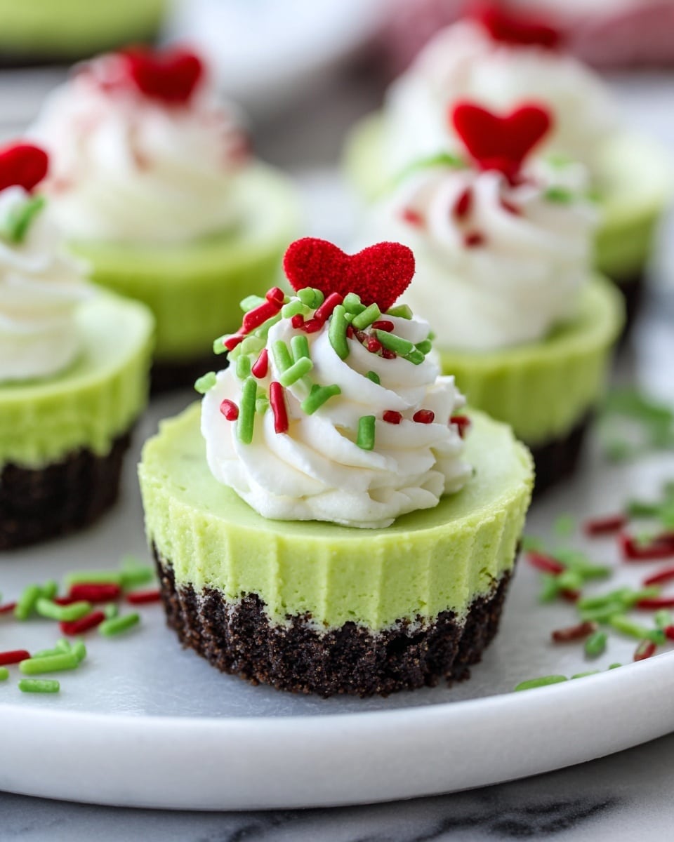 A close-up of a mini cupcake with three layers: a dark crumbly bottom crust, a smooth light green middle layer, and a swirl of white whipped cream on top. The whipped cream is decorated with bright red heart-shaped sprinkles and small green rod sprinkles. The cupcake is in a white ridged paper liner and sits on a white parchment paper on a dark plate, which rests on a white marbled surface. In the background, more cupcakes with the same green layer and white whipped cream can be seen, along with some red berries. photo taken with an iphone --ar 4:5 --v 7