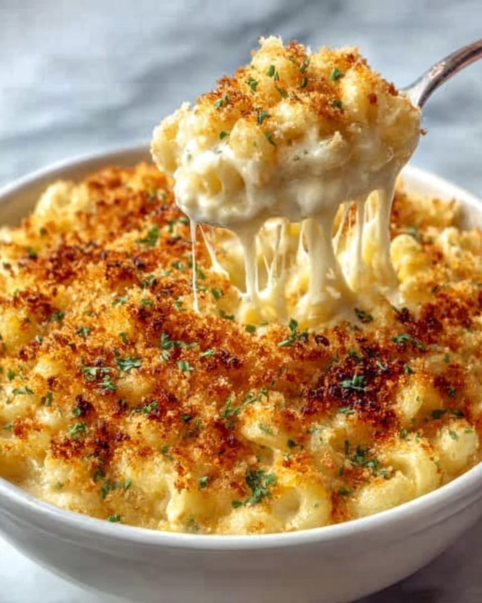 A white bowl filled with creamy macaroni and cheese topped with a golden-brown crumb crust sprinkled with green herbs. The macaroni pasta is coated in thick, melted cheese that stretches as a spoon lifts a scoop from the bowl, showing the gooey texture beneath the crunchy topping. The bowl sits on a white marbled surface. photo taken with an iphone --ar 4:5 --v 7