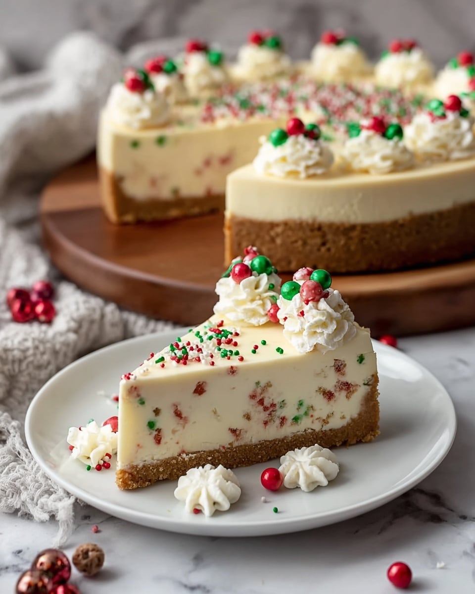 A slice of creamy cheesecake sits on a white plate with a thick light brown crust at the bottom. The cheesecake layer is white with small red and green bits inside. On top of the cheesecake, there are small dollops of white cream decorated with red, green, and white round sprinkles. Around the slice on the plate, a few cream dollops and colorful sprinkles are scattered. In the background, the rest of the cheesecake is placed on a wooden board with a similar thick crust and decorated with cream dollops and sprinkles on top, all set on a white marbled surface. Photo taken with an iphone --ar 4:5 --v 7