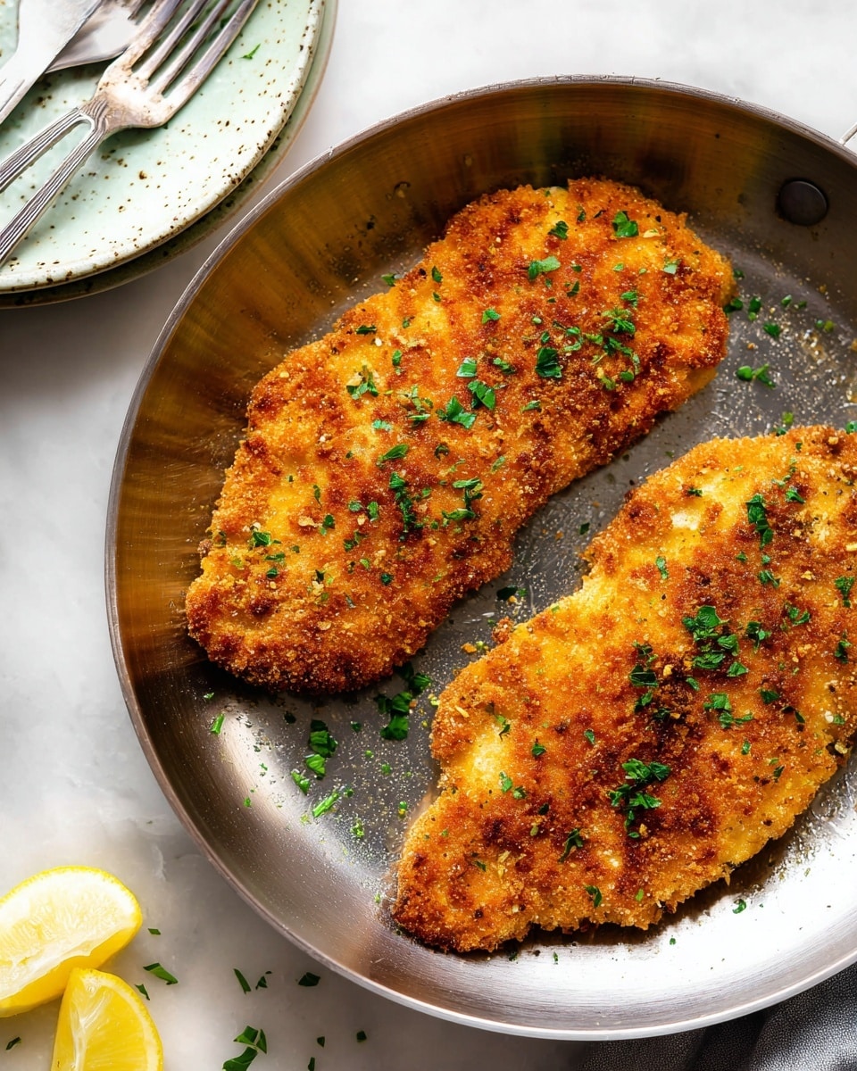 Two pieces of golden brown breaded chicken with a crispy, textured coating sprinkled with green herbs sit in a round stainless steel pan. The chicken has a slightly rough surface with hints of black and orange from seasoning, showing a well-fried crust. The pan is shiny with reflections, resting on a white marbled texture. In the background, there is a stack of white plates with a fork on top, and a partially visible lemon wedge with some scattered green herbs nearby. photo taken with an iphone --ar 4:5 --v 7