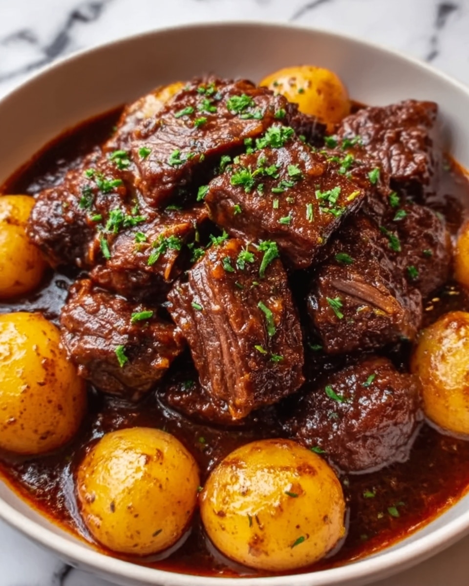 A white bowl filled with several chunks of dark brown, richly sauced beef placed on top, the sauce thick and glossy with visible herbs mixed in. Surrounding the beef are round, light brown baby potatoes coated lightly with the sauce. Small bits of green herbs are sprinkled over the beef and potatoes, adding a touch of freshness. The overall texture looks tender and juicy with the sauce clinging well to the meat and potatoes. The bowl sits on a white marbled surface. Photo taken with an iphone --ar 4:5 --v 7