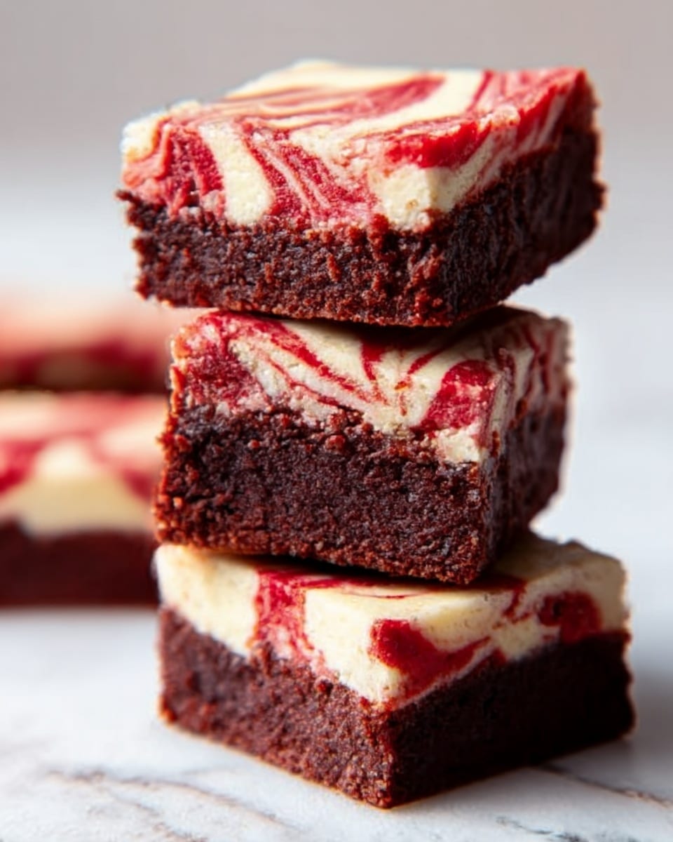 The image shows a stack of four thick brownies on a white marbled surface. Each brownie has two visible layers: a dark reddish-brown bottom layer with a moist texture and a creamy white top layer swirled with bright red streaks, creating a marbled effect. The brownies are cut into squares and stacked unevenly, with the top brownie leaning slightly. The background is softly blurred, focusing attention on the rich colors and swirls of the brownies. photo taken with an iphone --ar 4:5 --v 7
