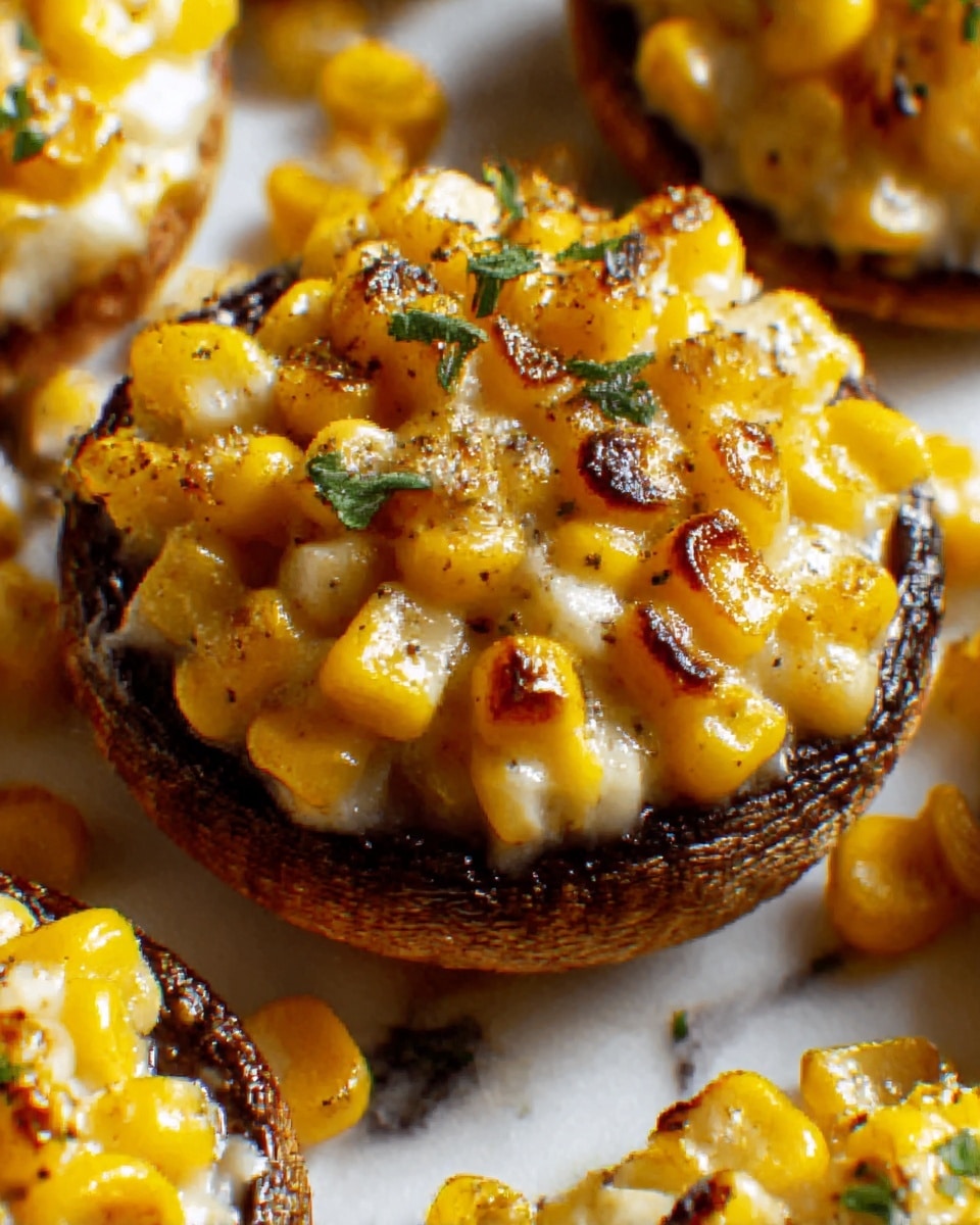 A close-up image shows a roasted mushroom cup filled with bright yellow corn kernels on top, with the mushroom base being dark brown and slightly wrinkled. The corn looks glossy and cooked, with some pieces having a slight char, giving a textured look. Black pepper flakes are sprinkled evenly over the corn, adding small black spots. The dish is captured on a white marbled surface with similar filled mushroom cups slightly blurred in the background. Photo taken with an iphone --ar 4:5 --v 7