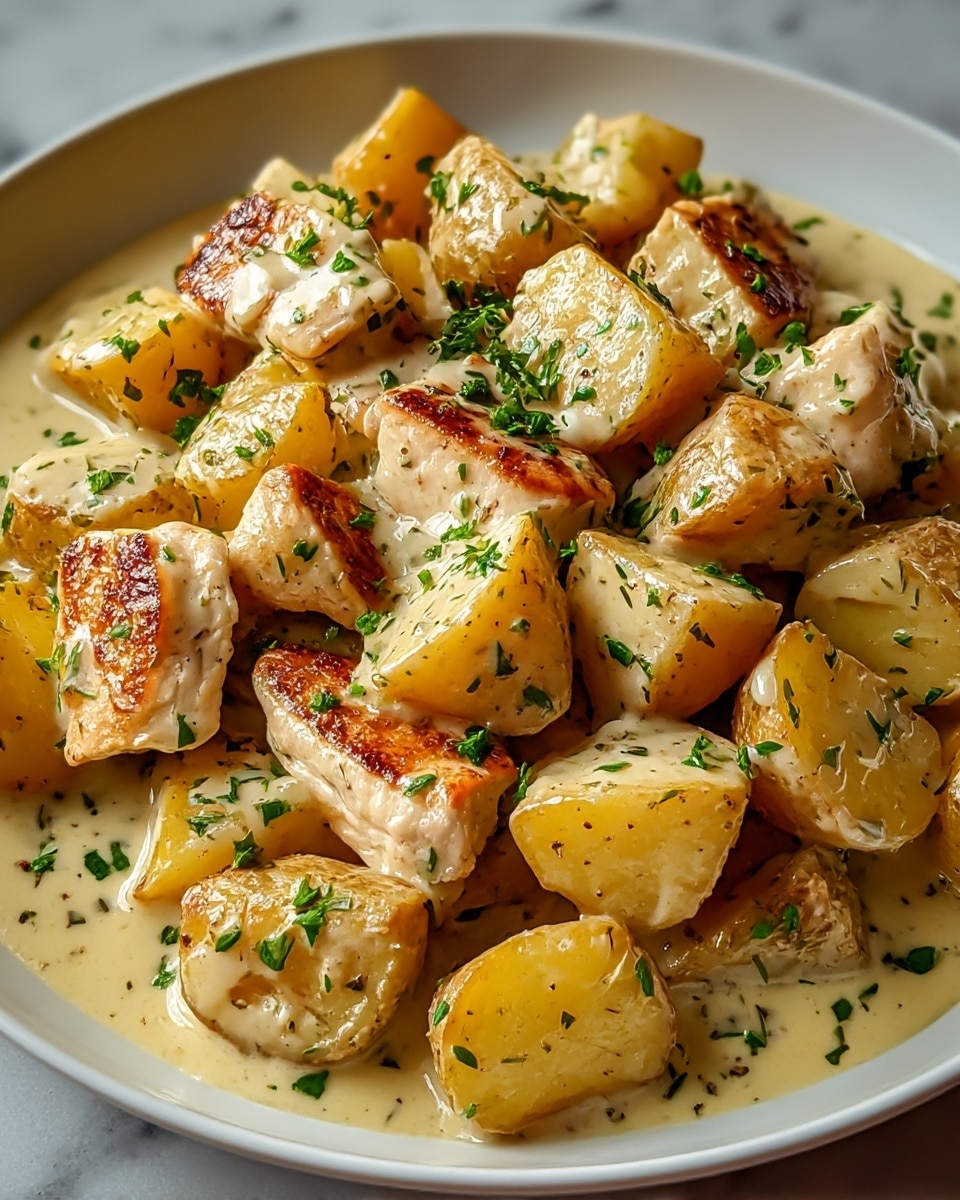 A white plate filled with golden brown roasted potato chunks mixed with seared pieces of chicken, all covered in a creamy light beige sauce. The potatoes have a slightly crispy outer layer with a soft inside, and the chicken pieces show a juicy texture with browned grill marks. Fresh green herb pieces are sprinkled evenly on top, adding a fresh contrast. The food rests on a white marbled surface, and the overall look is warm and inviting, capturing the texture and richness of the dish. photo taken with an iphone --ar 4:5 --v 7