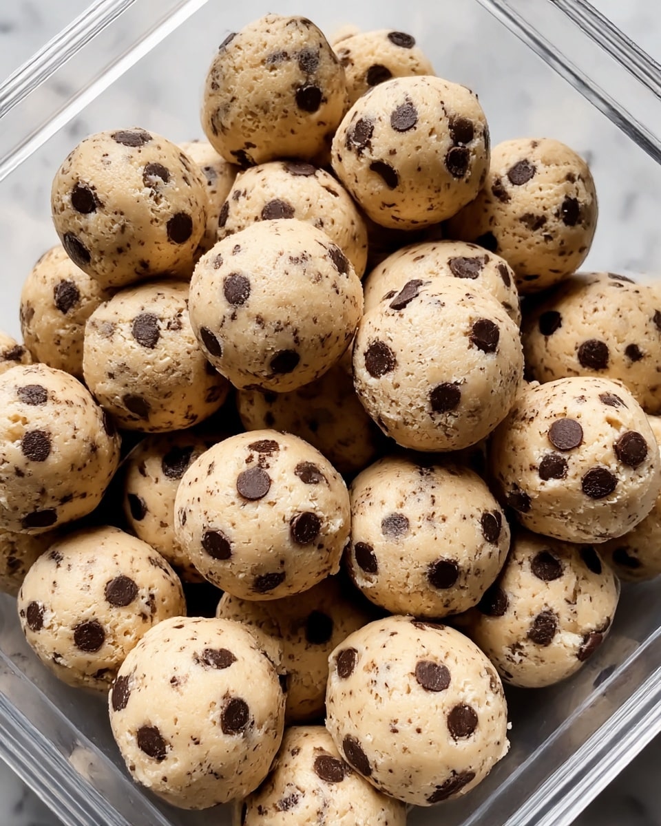 A close-up view of many small, round cookie dough balls piled inside a clear plastic container, each ball light beige in color with dark brown chocolate chips and chunks mixed throughout, giving a speckled look; the dough appears soft and slightly textured, and the container sits on a white marbled surface. Photo taken with an iphone --ar 4:5 --v 7