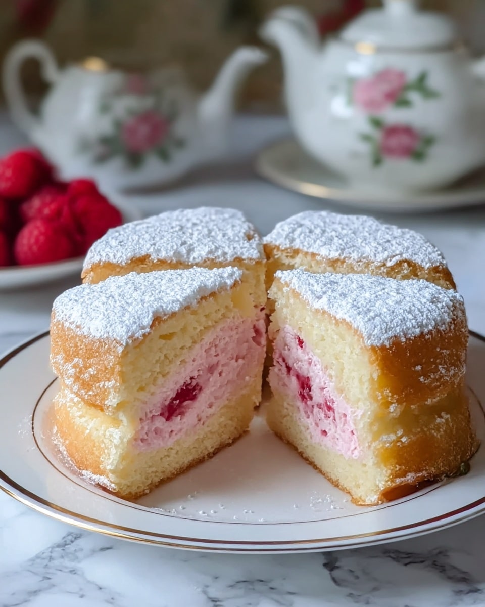 A small round cake is shown sliced into six pieces on a white plate with a gold rim. The cake has two layers: a light golden outer layer with a soft, slightly crumbly texture, and a thicker inner layer of pale pink, moist sponge with a few bits of red fruit inside. The entire cake is covered with a thick dusting of white powdered sugar, giving it a soft snowy look. In the blurry background, there is a white teapot with floral designs and a white plate holding bright red raspberries, all set on a white marbled surface. Photo taken with an iphone --ar 4:5 --v 7