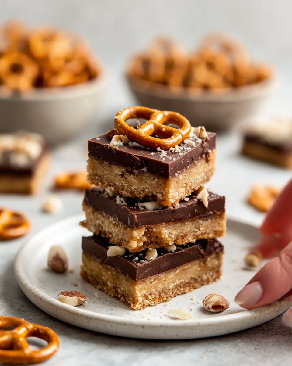 The image shows three square dessert bars stacked on a white plate with small bits of nuts around them. Each bar has a bottom layer that looks crunchy and golden brown with a nutty texture, topped by a smooth dark brown chocolate layer, and decorated with a small pretzel and some crushed nuts on top. In the background, there is a white bowl filled with more pretzels on a white marbled surface. Photo taken with an iphone --ar 4:5 --v 7