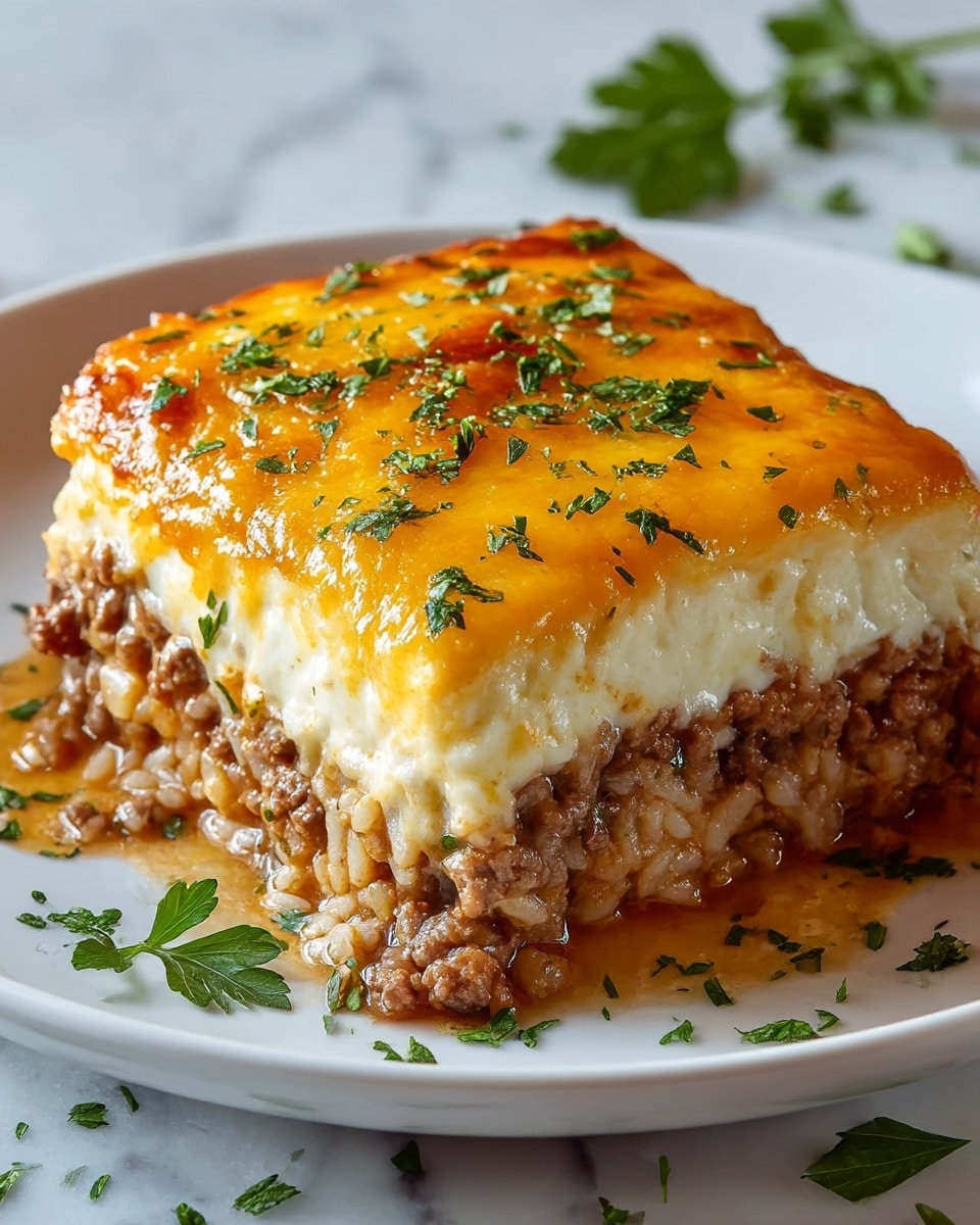 A close-up of a square piece of layered casserole on a white plate, showing three clear layers: the bottom layer made of cooked ground beef mixed with rice in brown and beige tones; the middle layer is creamy white, soft and thick, likely a cheese or sauce; the top layer is golden yellow, melted, and slightly browned cheese with green herb flakes sprinkled on top; small fresh green herbs are scattered around the plate, with a shiny, juicy look to the meat and cheese. The scene is set on a white marbled surface with a grey cloth under the plate, and a soft focus background. Photo taken with an iphone --ar 4:5 --v 7