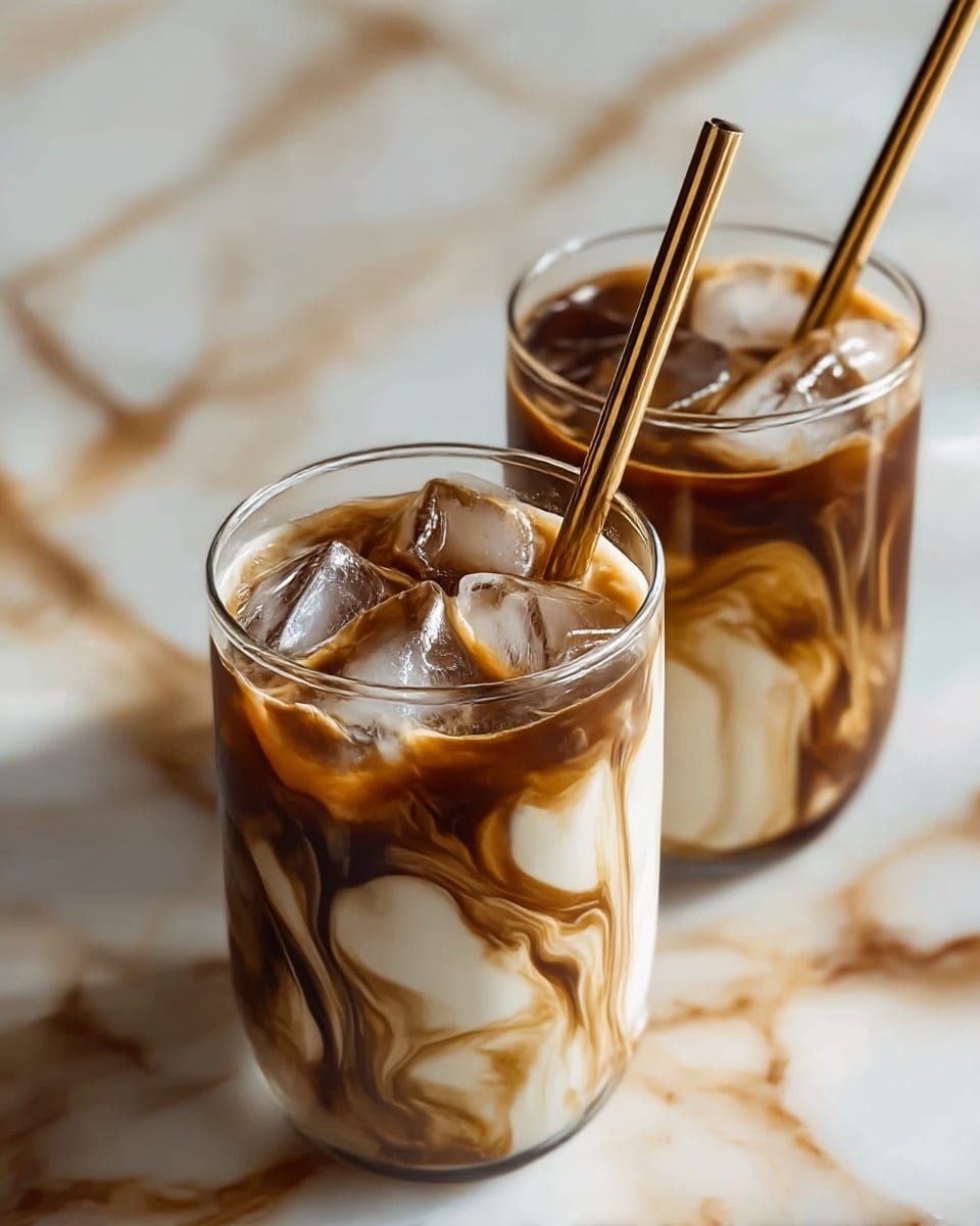 Two clear glasses filled with a layered drink showing swirls of dark brown coffee or chocolate syrup mixed with creamy white milk, creating a marbled effect inside the glass. Each glass has ice cubes floating near the top and a metallic gold straw placed at an angle. The drink layers blend smoothly but keep distinct swirled patterns that wrap around the inside surface of the glasses. The glasses sit on a white marbled surface that mirrors the swirling pattern of the drink inside, with the background softly blurred. photo taken with an iphone --ar 4:5 --v 7