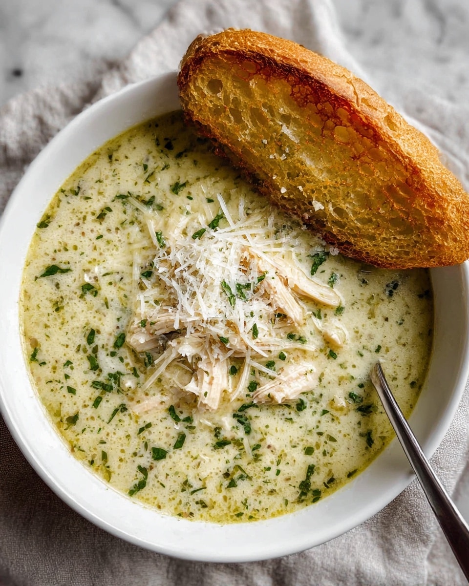 A white bowl filled with creamy soup showing a light yellow color with green herbs sprinkled across the surface. In the center, chunks of shredded chicken are topped with grated cheese and more green herbs. A toasted golden brown slice of bread rests on the edge of the bowl, slightly dipped into the soup. A silver spoon is partially visible inside the bowl on the right. The bowl sits on a neutral cloth on a white marbled surface. photo taken with an iphone --ar 4:5 --v 7