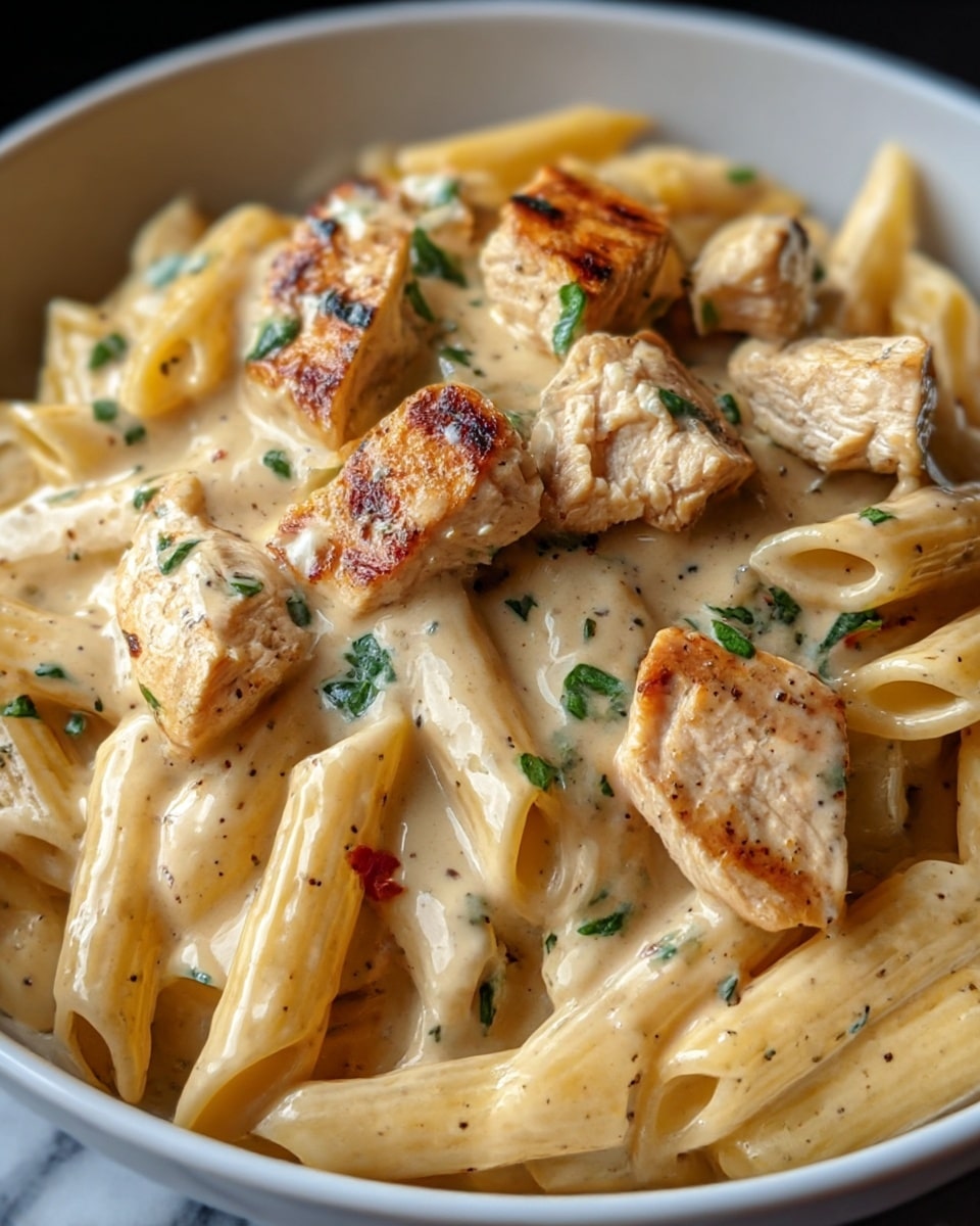 The image shows a close-up of a creamy pasta dish in a white bowl, placed on a white marbled surface. The pasta is penne, cooked and covered in a thick, creamy sauce that looks smooth and rich. On top of the pasta are many pieces of grilled chicken, golden brown with slight char marks, adding texture. Small green herbs are sprinkled evenly across the dish, adding color contrast over the pale cream and light brown tones. The photo captures the dish in warm light, highlighting the creamy texture and juicy chicken pieces, giving a fresh and appetizing look. Photo taken with an iphone --ar 4:5 --v 7