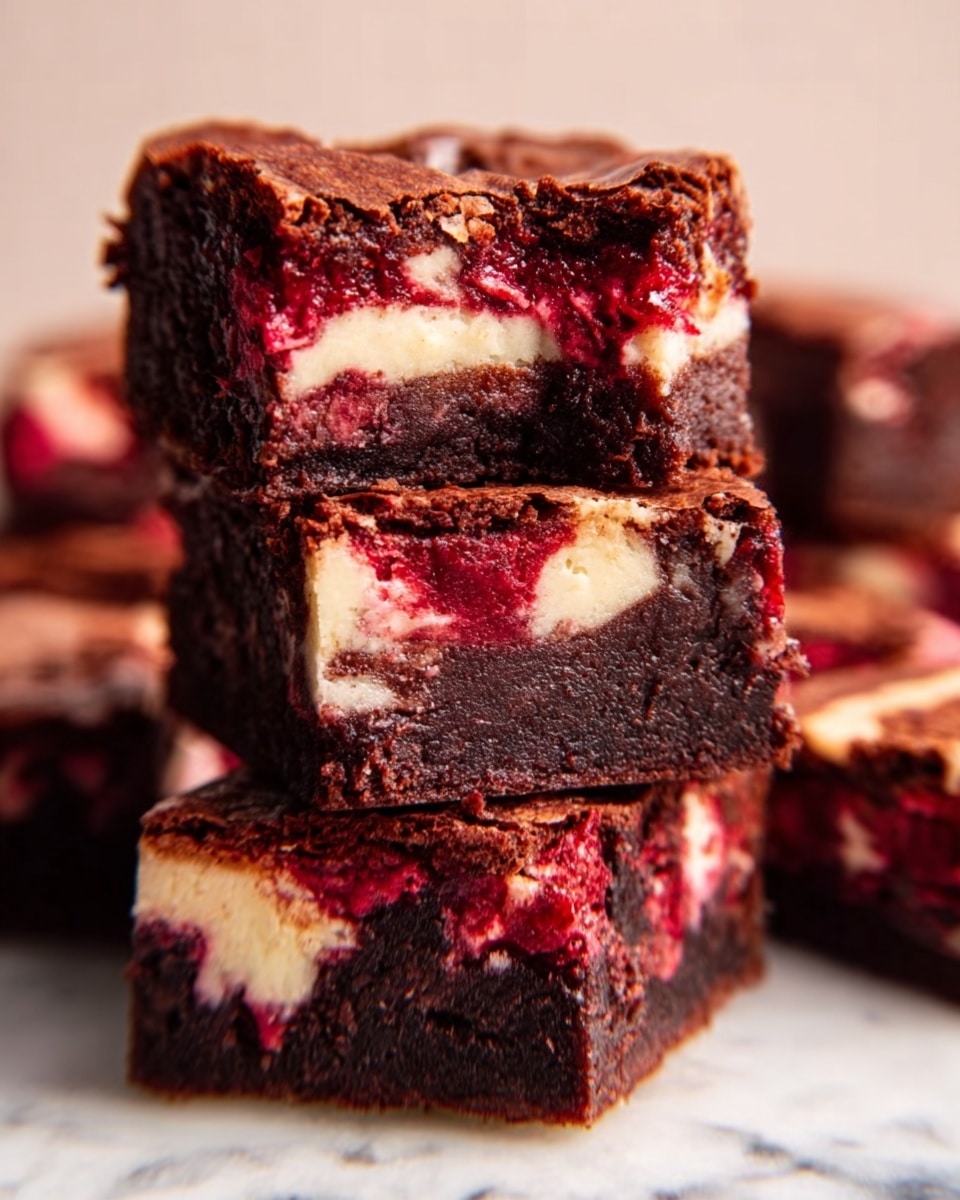 The image shows a stack of three rich, square brownies on a white marbled surface. Each brownie has three visible layers: a dark brown, slightly shiny chocolate layer on the top and bottom, with a creamy white layer mixed with red fruit swirls in the middle, giving it a marbled look. The sides of the brownies reveal dense, moist texture with bits of red fruit inside, adding color contrast. The background softly blurs to keep focus on the brownies' detailed textures. photo taken with an iphone --ar 4:5 --v 7