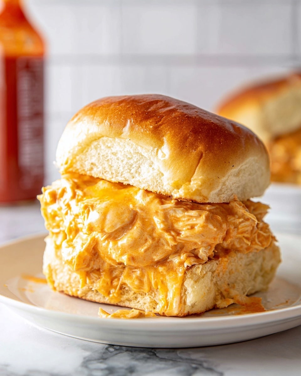 A close-up of a sandwich with two thick layers of creamy, orange cheese sauce mixed with shredded chicken, oozing from between a soft, golden brown bun with a slightly shiny top. The bottom bun is fluffy and lightly toasted, partially soaked by the sauce. It is placed on a white plate with a white marbled surface visible below. A blurred bottle of red sauce is in the background. photo taken with an iphone --ar 4:5 --v 7