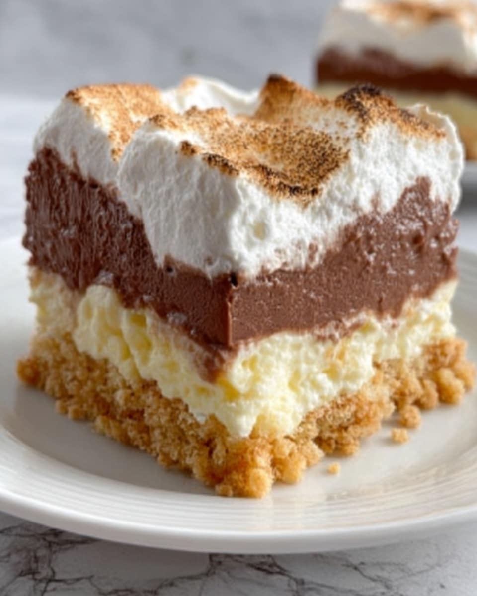 The image shows a square slice of layered dessert on a white plate, placed on a white marbled surface. The dessert has four distinct layers: a crumbly golden brown crust at the bottom, a pale yellow creamy layer above it, followed by a smooth, light brown chocolate layer in the middle, and topped with a thick, fluffy white topping that has a slightly toasted light brown surface. The layers are clearly visible and each has a different texture and color that contrasts well with the others. Photo taken with an iphone --ar 4:5 --v 7