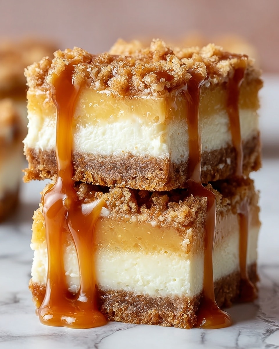 Two square cheesecake bars are stacked on top of each other on a white marbled surface. Each bar has four layers: the bottom is a thick, crumbly brown crust; above it is a thick, smooth white cream cheese layer; followed by a medium-thick light golden caramel or apple filling; and the top layer is a crumbly streusel with a mix of light beige and golden colors. Glossy caramel sauce drips generously over the top and down the sides of both bars, adding shine and richness to the texture. The background is softly blurred, keeping the focus on the bars. Photo taken with an iphone --ar 4:5 --v 7