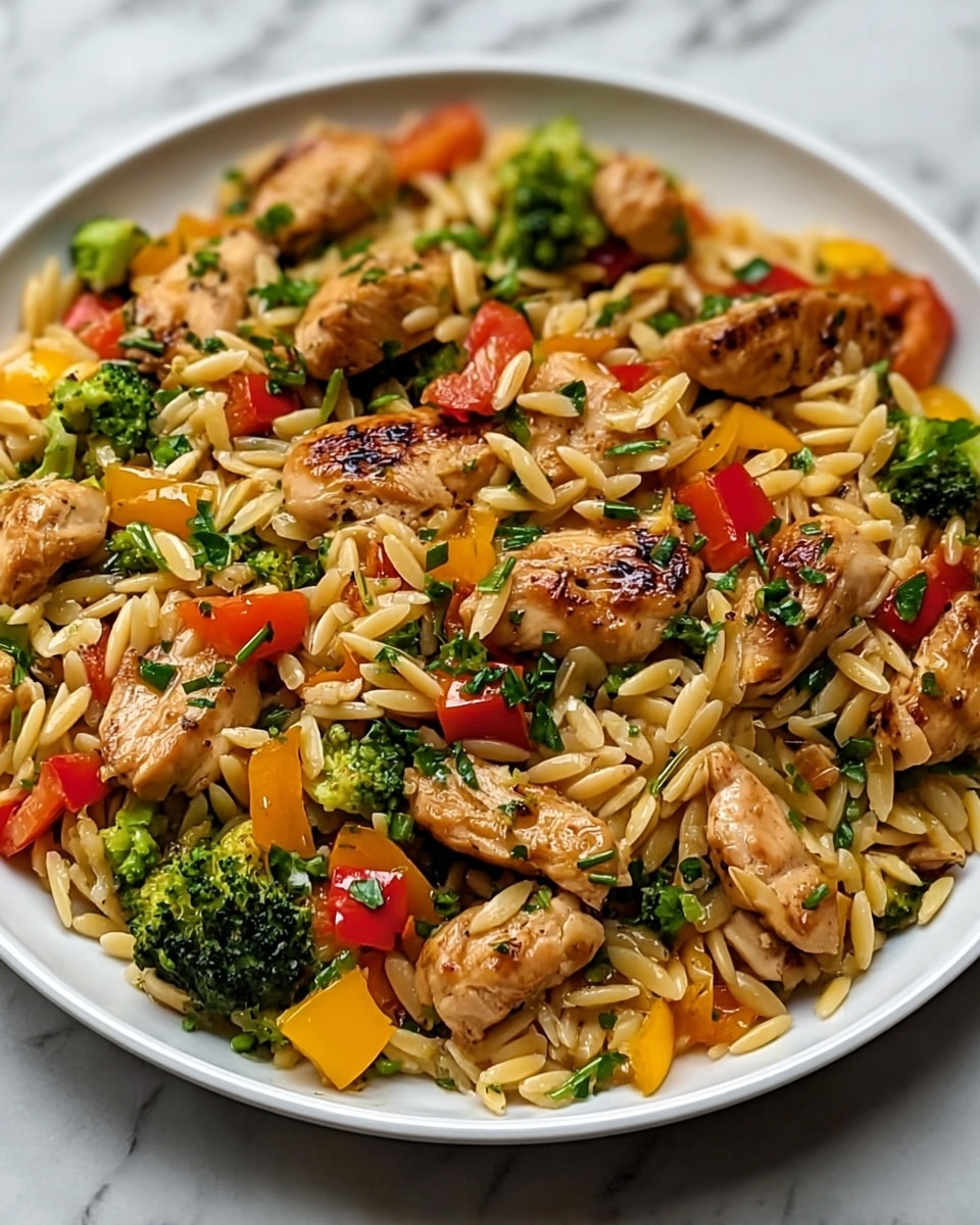 The image shows a close-up of a white plate filled with a colorful chicken stir-fry dish. The bottom layer is light brown orzo pasta with a shiny texture. On top, there are several pieces of golden-brown grilled chicken chunks scattered across the dish. Mixed among the chicken and pasta are bright red and yellow bell pepper slices, small green broccoli florets, and bits of green herbs adding freshness. The whole dish looks glossy and well-cooked, with a combination of soft and slightly crisp textures. The background is a white marbled surface. Photo taken with an iphone --ar 4:5 --v 7
