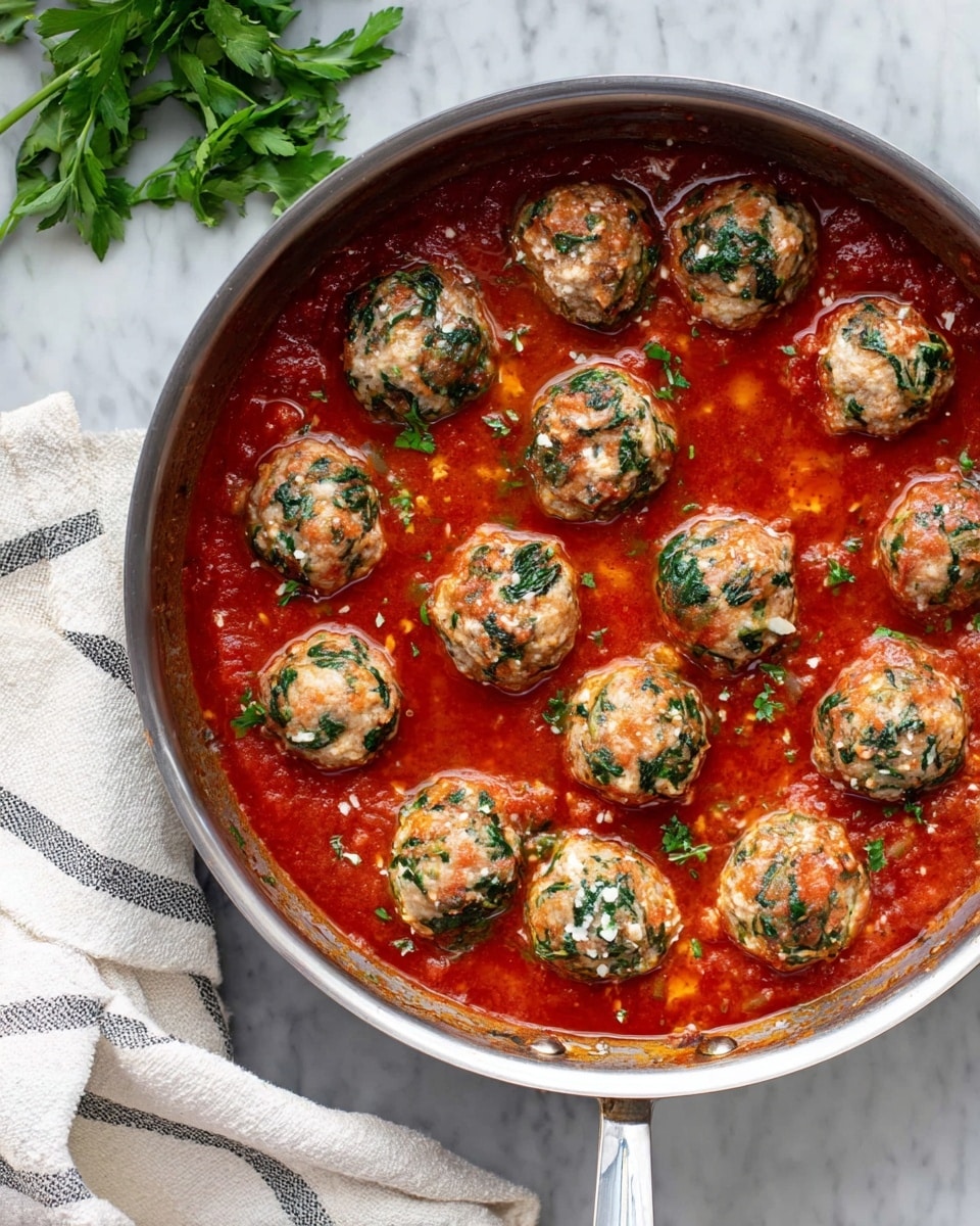 The image shows a round metal pan filled with bright red tomato sauce, with about sixteen evenly spaced round meatballs cooking in it. Each meatball has a light brown and white color with visible small green spinach pieces mixed in, giving them a textured, slightly bumpy look. The tomato sauce around the meatballs looks smooth with a glossy, oily surface, and some bubbles near the edges. The pan handle sticks out at the bottom of the image, and a striped white cloth sits to the left on a white marbled surface, next to a small bunch of fresh green parsley. The lighting is soft and natural, clearly showing the colors and textures of the dish. photo taken with an iphone --ar 4:5 --v 7