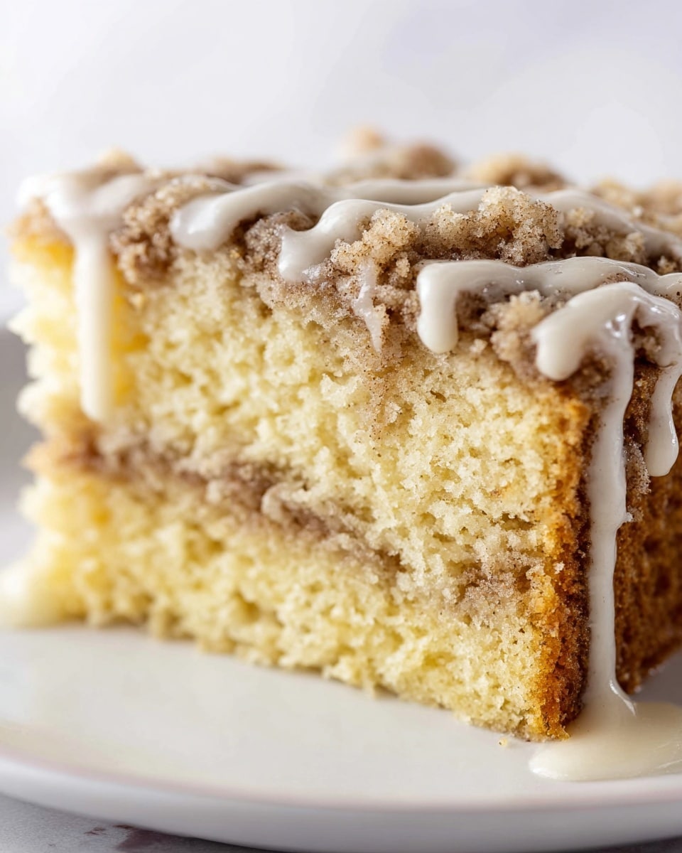 The close-up image shows a slice of crumb cake on a white plate, set on a white marbled surface. The cake has two main layers: the bottom layer is thick and light golden brown with a soft crumb texture, while the top has a thick, darker brown crumb layer that looks crunchy and coarse. Creamy white icing is drizzled unevenly over the top, dripping slightly down the side of the cake and pooling a little on the plate. The overall look is moist and inviting, with the contrast between the soft cake and crumbly topping clearly visible. Photo taken with an iphone --ar 4:5 --v 7