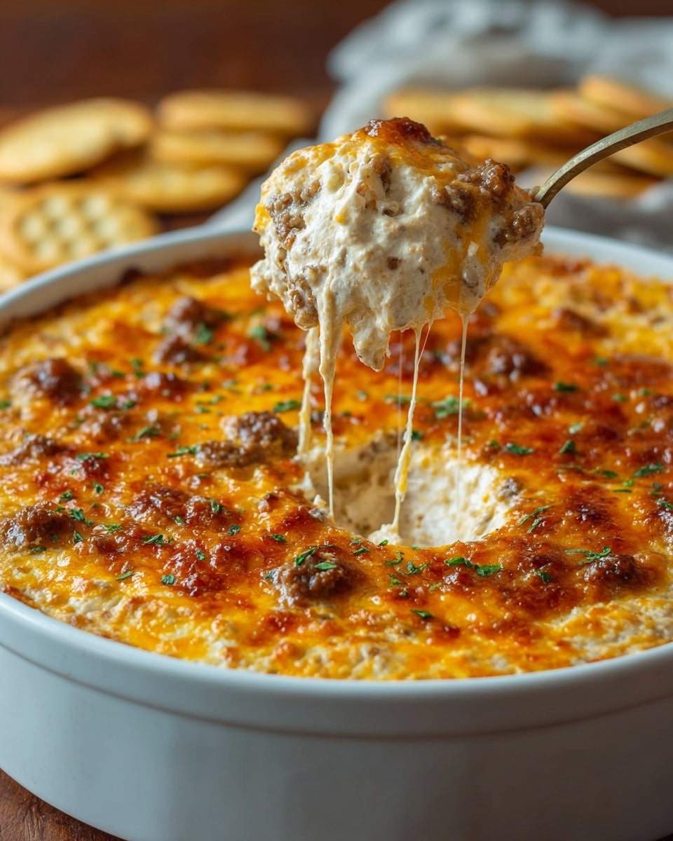 A white round dish filled with a layered hot dip, showing a golden brown top layer of melted and slightly crispy cheese with brown cooked meat bits scattered throughout. Underneath is a creamy, thick layer with a light beige color mixed with ground meat, visible as a scoop is being lifted with a spoon. The dish is garnished with small green herb pieces, and the background features a white marbled texture. Photo taken with an iphone --ar 4:5 --v 7