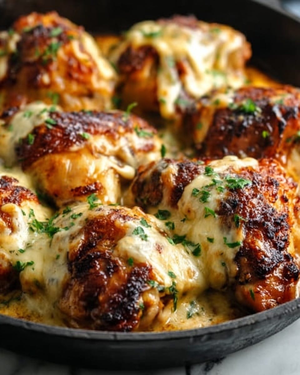 A close-up view of a cooked chicken dish in a black pan, showing many chicken drumsticks and thighs with crispy, browned skin. The chicken is covered with melted, light yellow cheese that stretches and pools over the pieces, with small green herb pieces sprinkled on top. The texture of the chicken looks tender and juicy with some charred spots, making it very appetizing. The pan is placed on a white marbled surface. Photo taken with an iphone --ar 4:5 --v 7