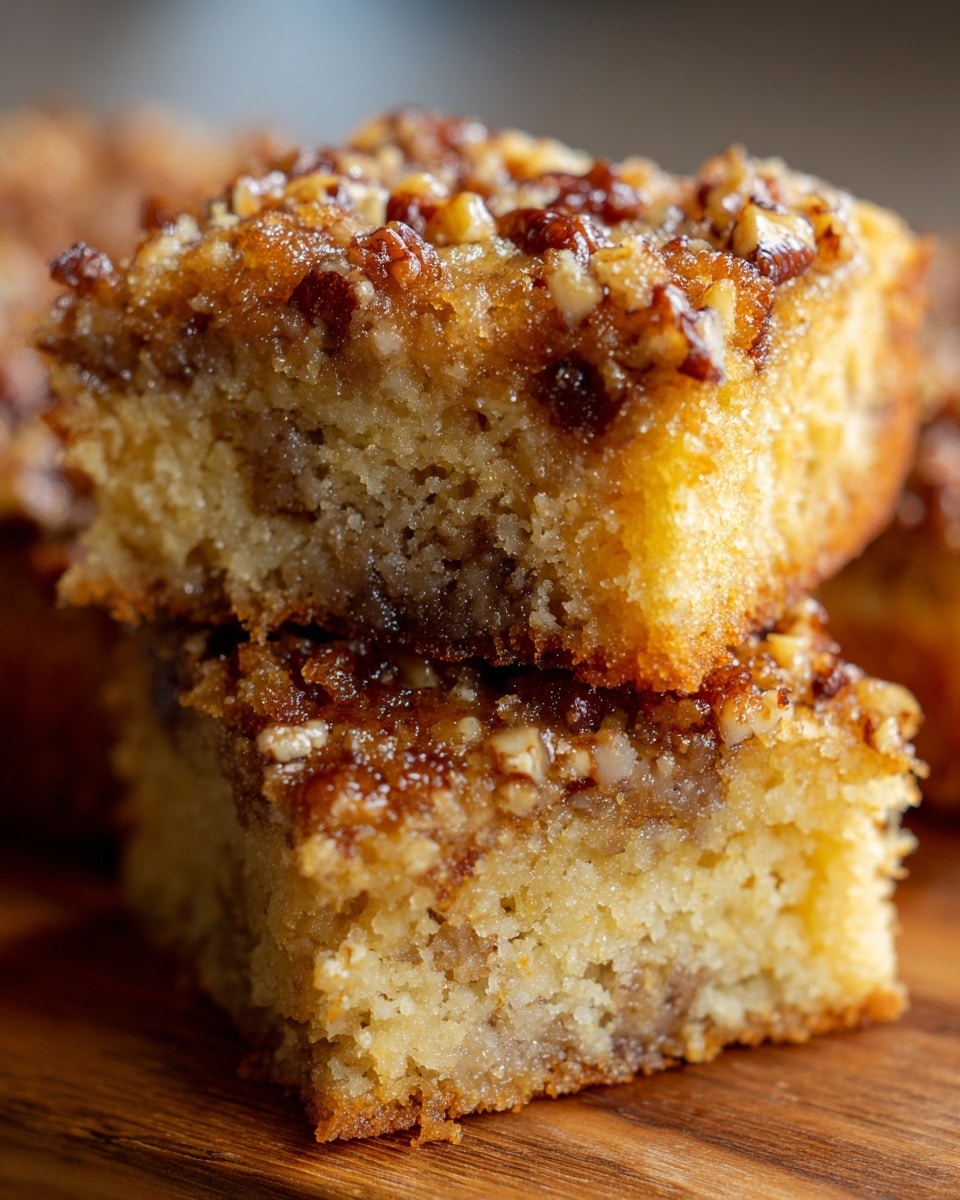 The image shows two stacked square pieces of moist, golden-brown cake with a slightly crumbly texture. The cake is filled with small bits of nuts and has a crispy topping sprinkled with chopped nuts that add texture and a toasted dark brown color contrast. The bottom edges are darker and have a caramelized crust. The cake pieces rest on a wooden surface with a soft focus background, emphasizing the rich, nutty details of the cake layers. photo taken with an iphone --ar 4:5 --v 7