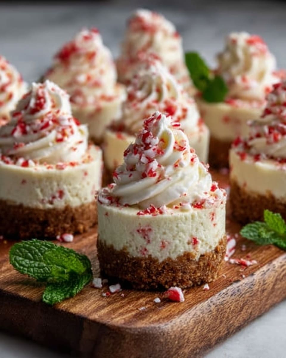 The image shows five small cheesecake desserts placed on a wooden board over a white marbled surface. Each mini cheesecake has three clear layers: a bottom layer of crumbly brown crust, a thick middle layer of creamy pale yellow cheesecake with tiny red bits, and a top layer of white whipped cream swirled in a spiral. The whipped cream is sprinkled with small crushed red and white candy pieces, adding texture and color contrast. Fresh green mint leaves are placed near the cheesecakes, adding a fresh touch to the scene. photo taken with an iphone --ar 4:5 --v 7