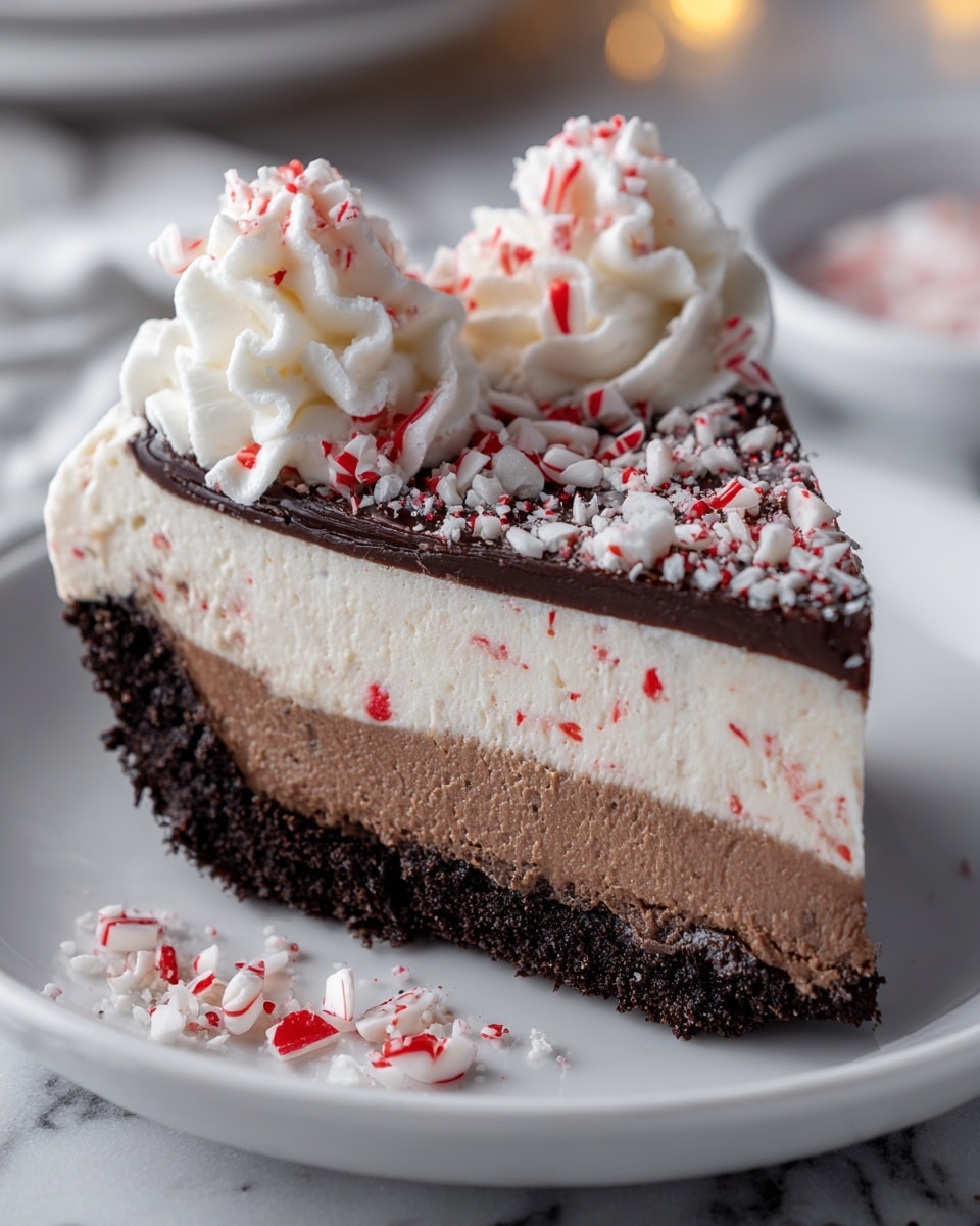 A slice of dessert with four layers is shown on a white plate sitting on a white marbled texture. The bottom layer is a dark, crumbly crust. Above it is a smooth, medium brown layer. The third layer is thick and creamy white with bits of red candy mixed inside. The top layer is a glossy dark chocolate coating sprinkled with crushed peppermint candies. On top, three swirls of whipped cream are placed, each sprinkled with small red candy pieces. More crushed peppermint candies are scattered on the plate around the slice. Photo taken with an iphone --ar 4:5 --v 7